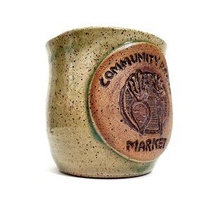Signed Community Roots Market Handmade Pottery Ceramic Thumb Rest Mug